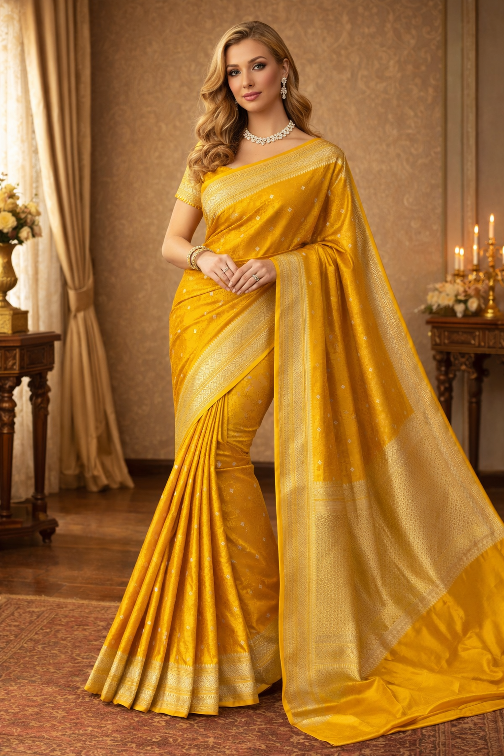 Mustard Yellow Tanchoi Silk Saree Self Weaving With Unstiched Blouse