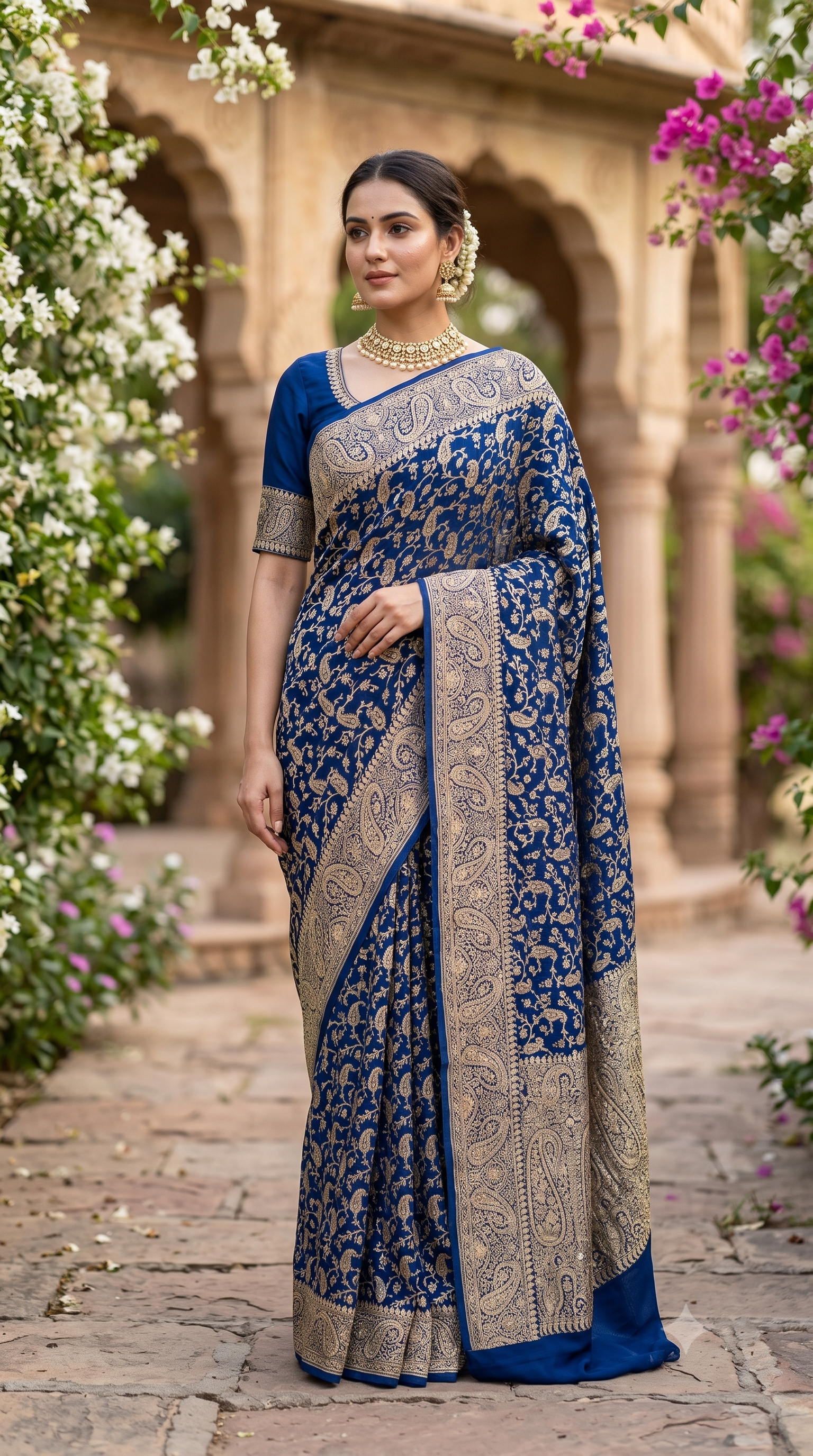 Deep blue crepe georgette saree with intricate embroidery and an unstiched blouse from Saarang Sarees, traditional wear for special occasions.