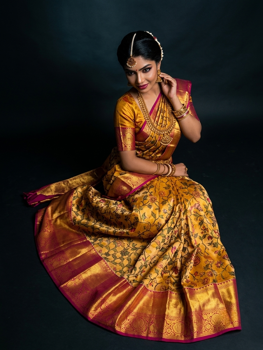 Golden Pure Kanjeevaram Silk Saree, With Unstiched Blouse