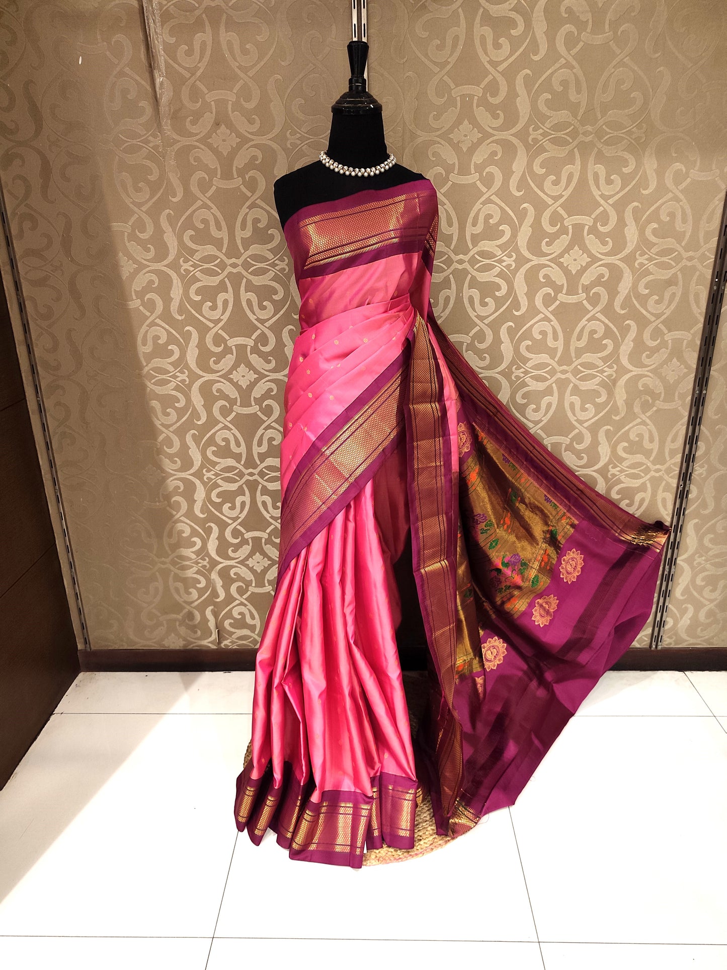 Pink & Wine Paithani Silk Saree, Multi Colour Weaving, With Unstiched Blouse