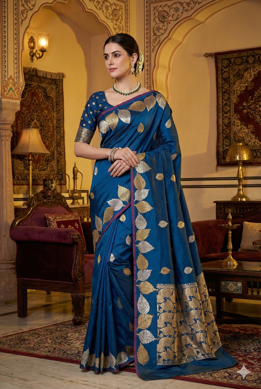 Royal Blue Katan Banarasi Saree Hand Woven Work, With Unstiched Blouse