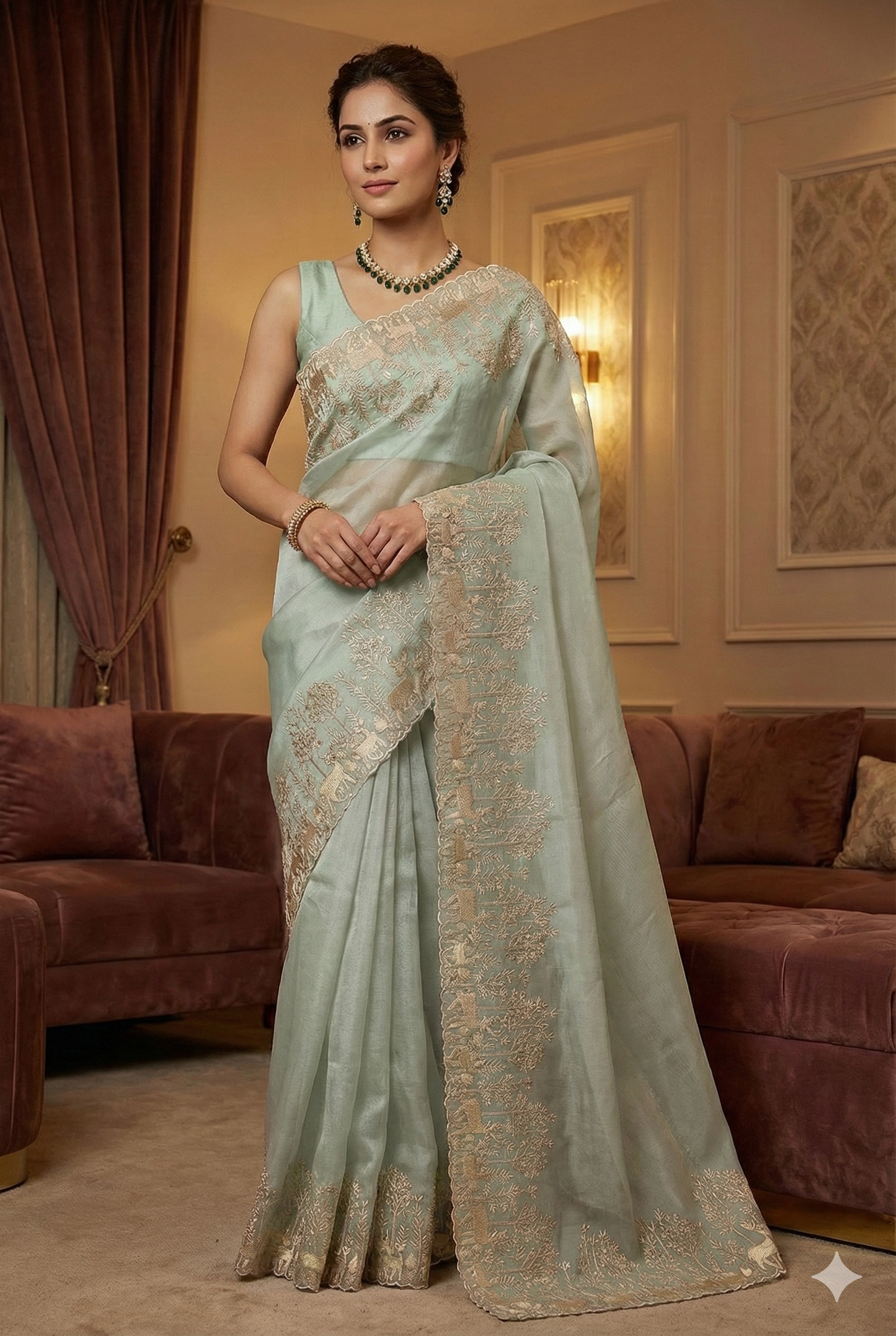 Mint Blue Organza Silk Resham Embroidery Saree, With Unstiched Blouse