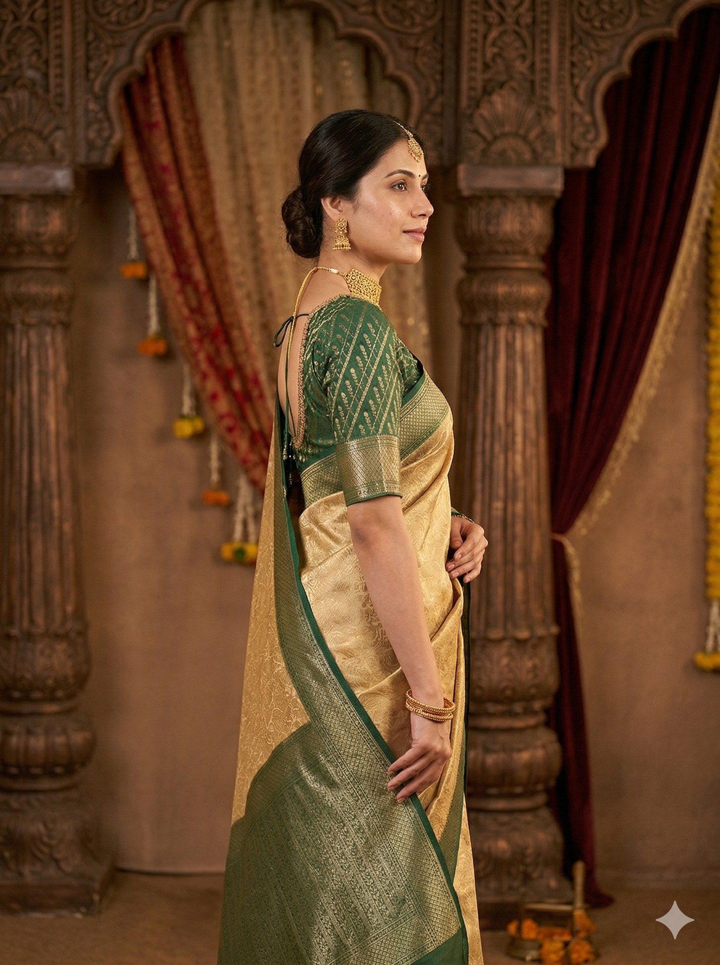 Beige brocade Chanderi silk saree with intricate design and matching unstiched blouse, traditional wear by Saarang Sarees.