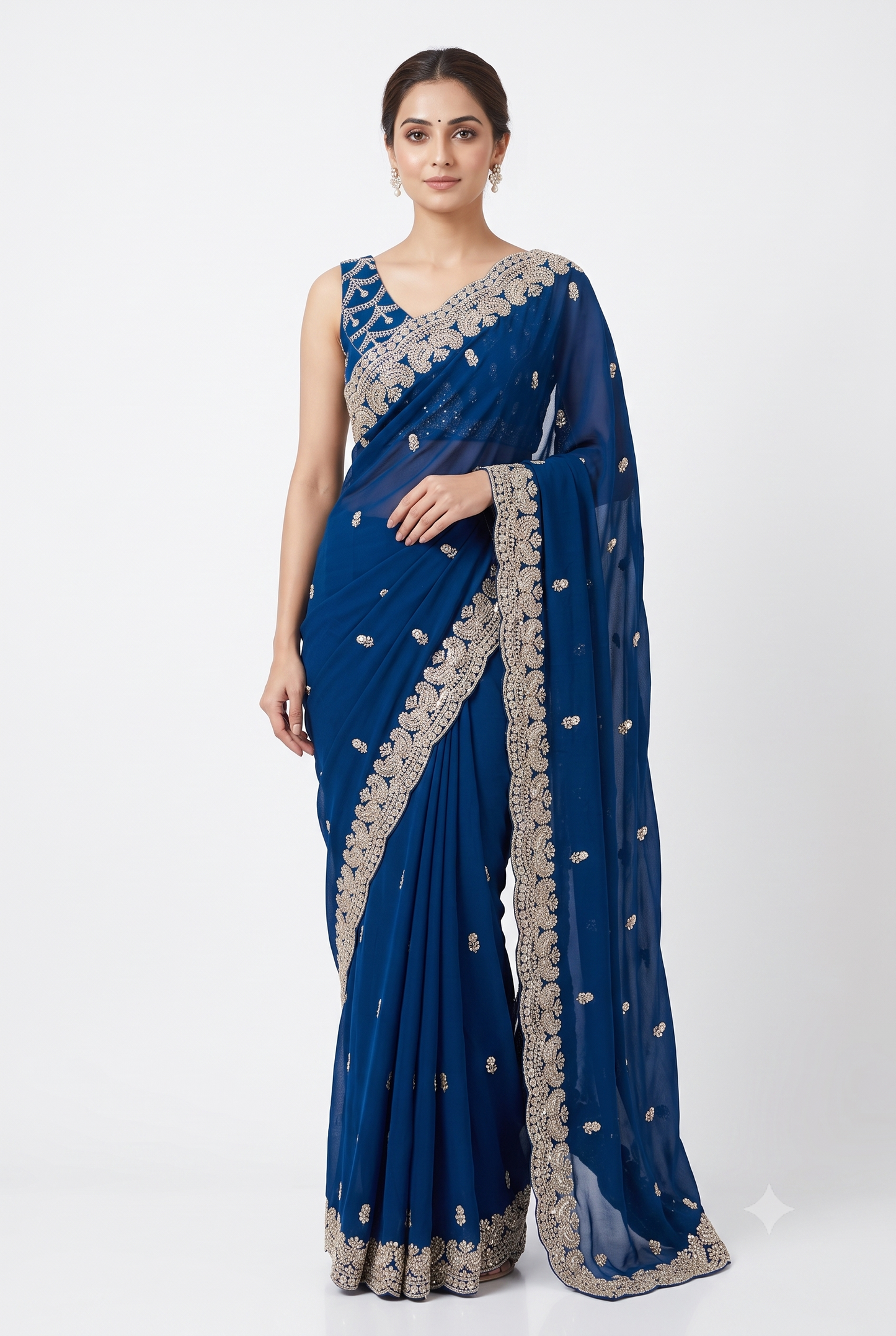 Indigo Blue Georgette Embroidery Work Saree, With Unstiched Blouse