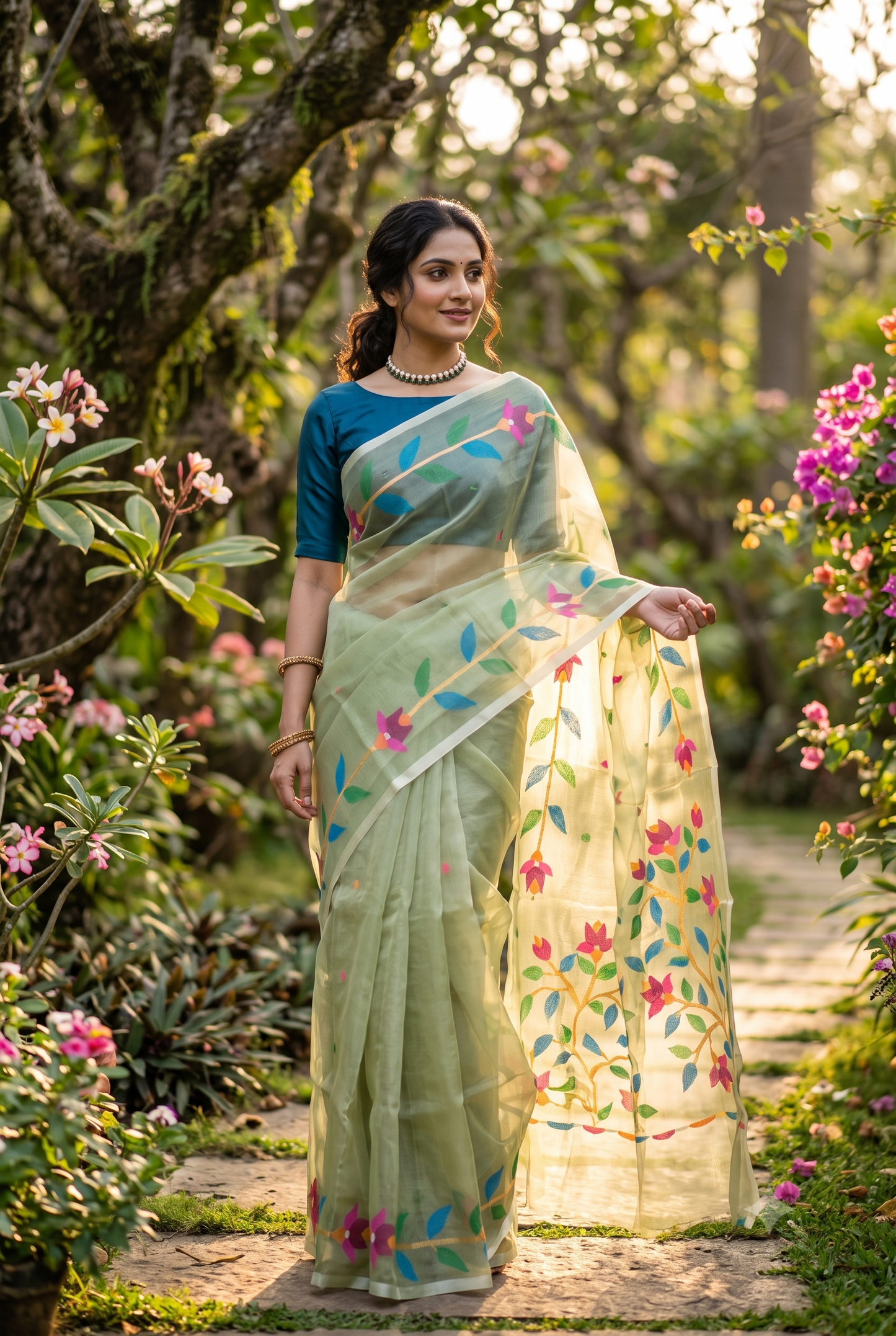 Light Pista Green Muslin Dhakai Saree, Without Blouse