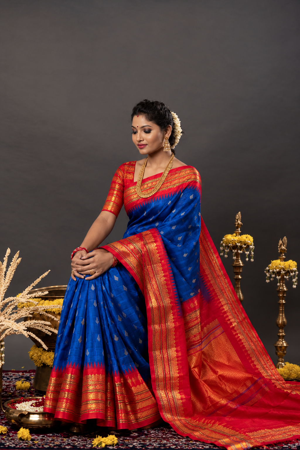 Indigo Blue Gadwal Silk Sarees With Unstiched Blouse