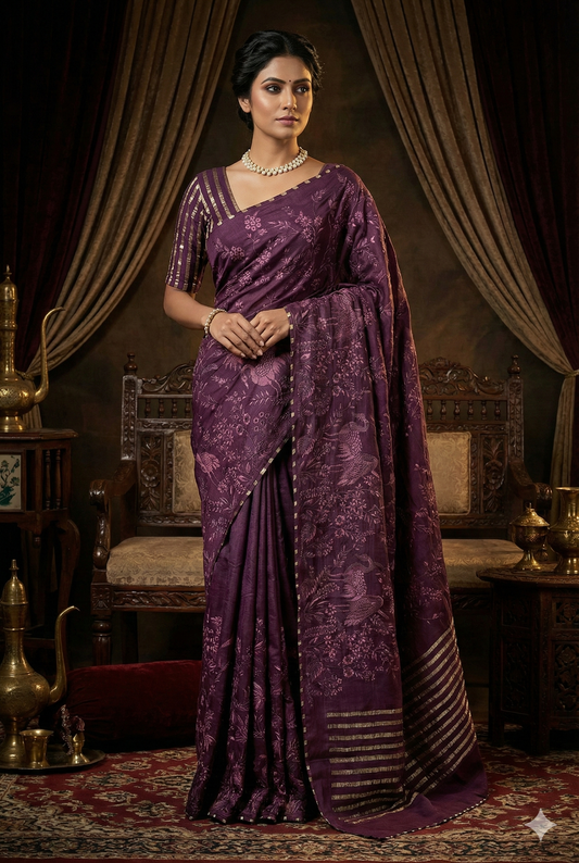 Dark Purple Tussar Embroidery Saree With Parsi Work, With Unstitched Blouse