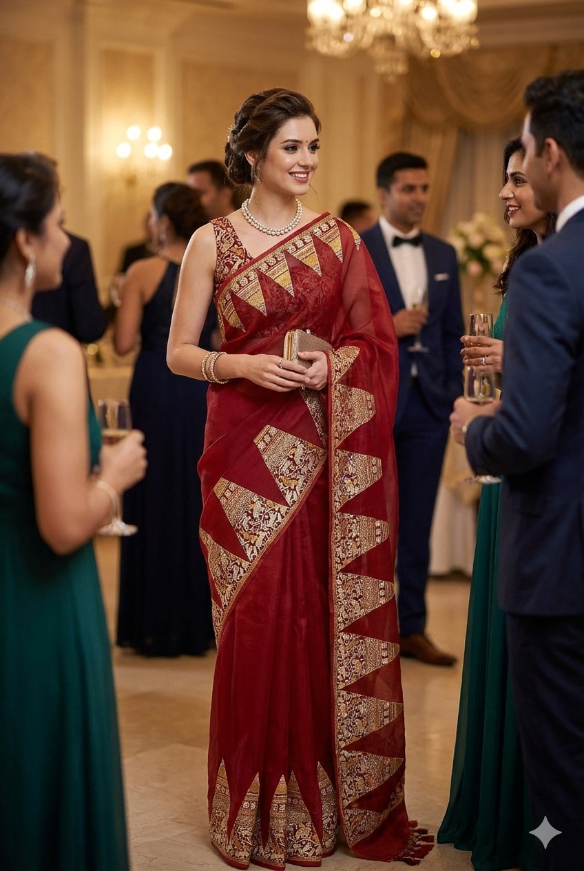 Red Organza Printed Saree With Pita Zari Border, With Unstiched Blouse