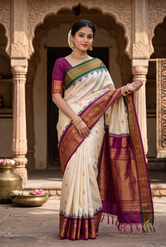 Off-White Gadwal Silk Sarees With Unstiched Blouse