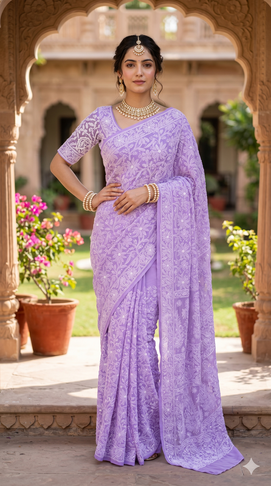 Lavender Georgette Hand Chikankari Work Saree, With Unstiched Blouse