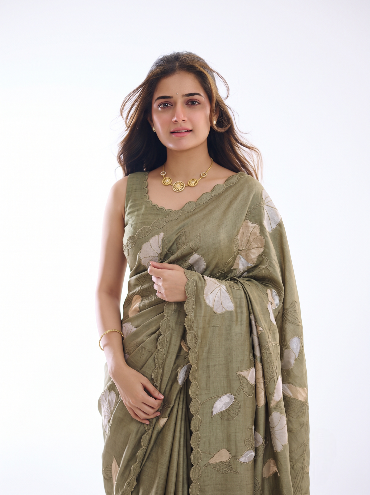 Olive Green Tussar Applique Work Saree, With Unstiched Blouse
