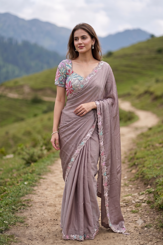 Mauve Soft Organza Silk Saree, With Readymade Blouse Piece