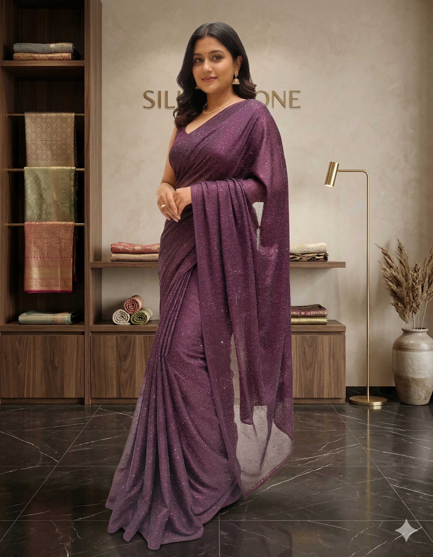Deep purple satin crepe silk saree with stone work and unstiched blouse, ideal for party wear by Saarang Sarees.