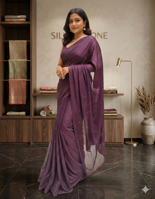 Deep purple satin crepe silk saree with stone work and unstiched blouse, ideal for party wear by Saarang Sarees.