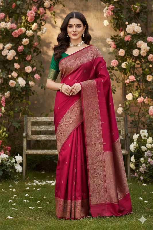 Maroon Pure Raw Tussar Banarasi Silk Saree, Hand Woven Motifs With Unstiched Blouse