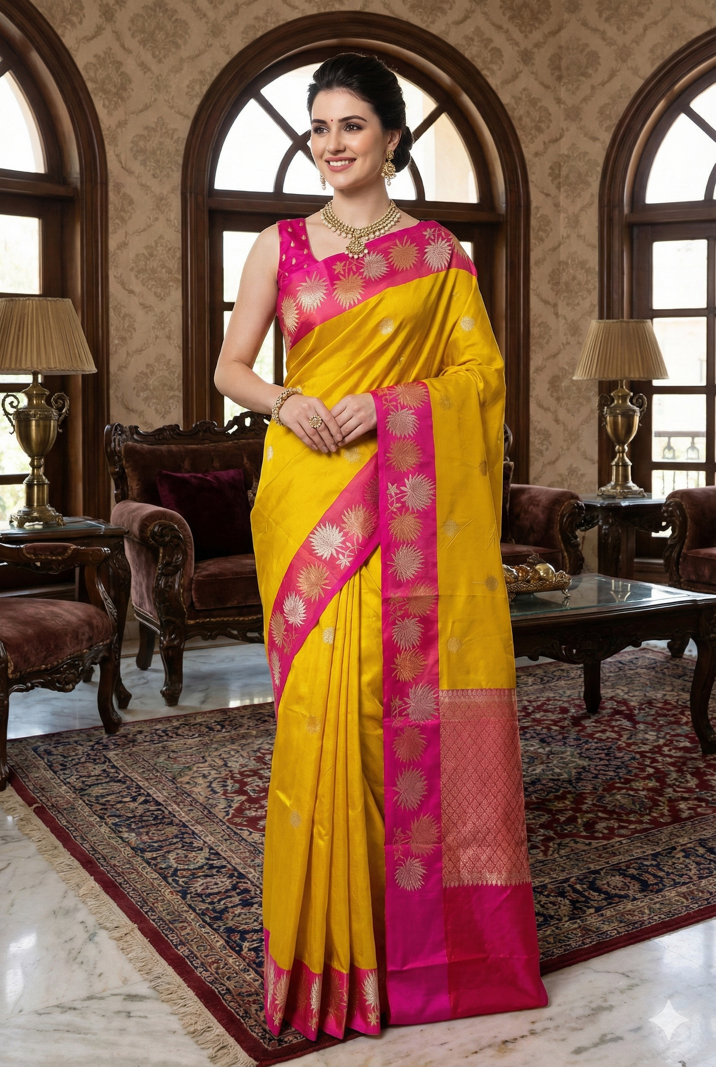 Spring Yellow Katan Banarasi Saree Hand Woven Work, With Unstiched Blouse