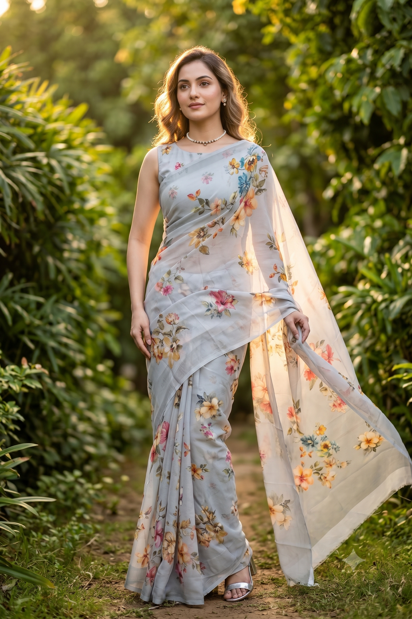 Light Grey Floral Printed Chiffon Saree, With Unstiched Blouse Piece