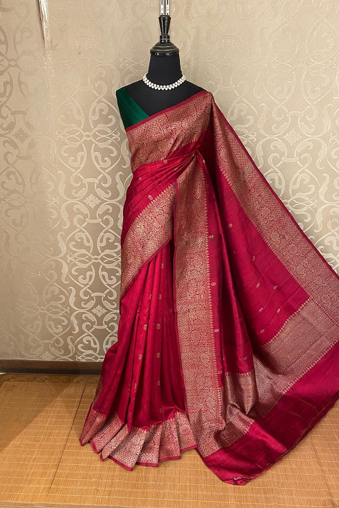 Maroon Pure Raw Tussar Banarasi Silk Saree, Hand Woven Motifs With Unstiched Blouse