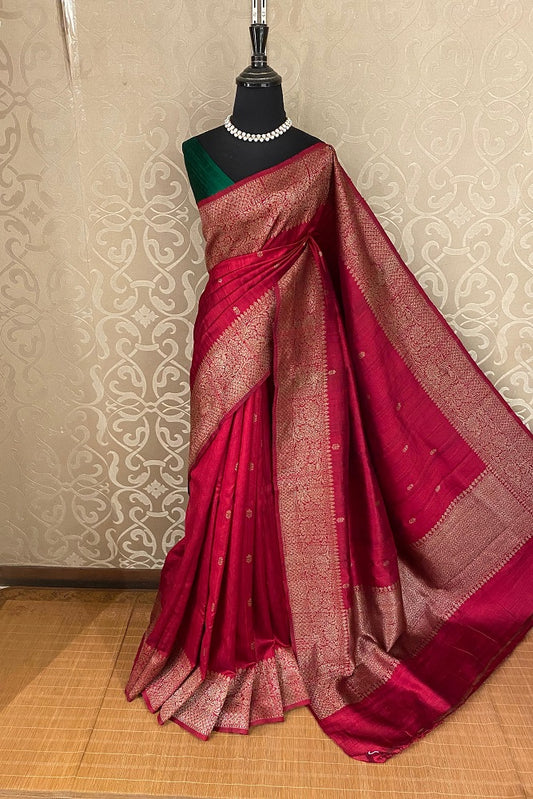 Maroon Pure Raw Tussar Banarasi Silk Saree, Hand Woven Motifs With Unstiched Blouse