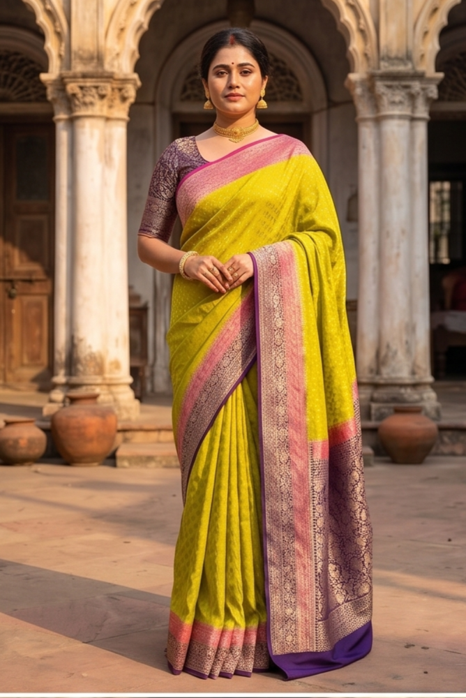 Yellow crepe Khaddi Banarasi silk saree with intricate gold zari work and matching unstiched blouse, traditional wear by Saarang Sarees.