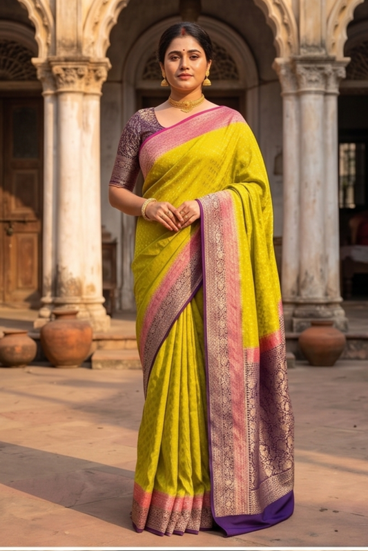 Yellow crepe Khaddi Banarasi silk saree with intricate gold zari work and matching unstiched blouse, traditional wear by Saarang Sarees.