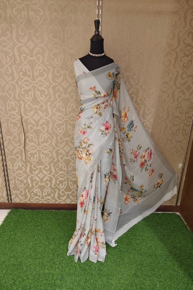Light Grey Floral Printed Chiffon Saree, With Unstiched Blouse Piece