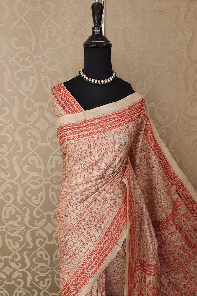 Beige & Red Tussar Embroidery Saree With Kantha Work Border, With Unstitched Blouse
