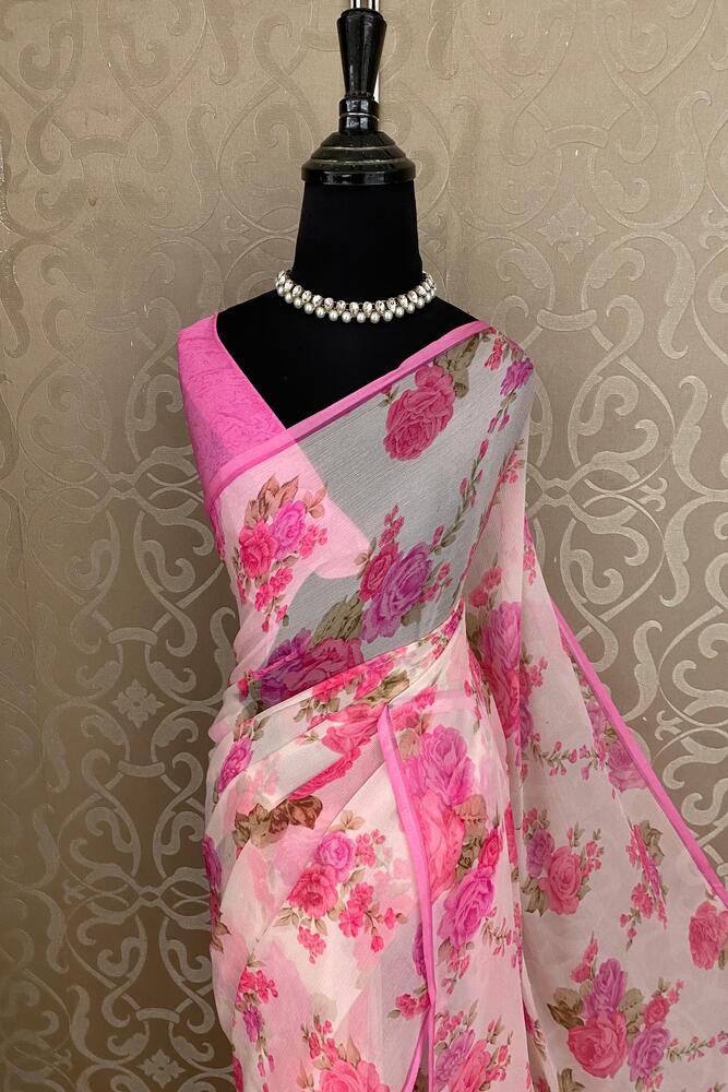 Off-White Rani Floral Printed Chiffon Saree, With Unstiched Blouse Piece