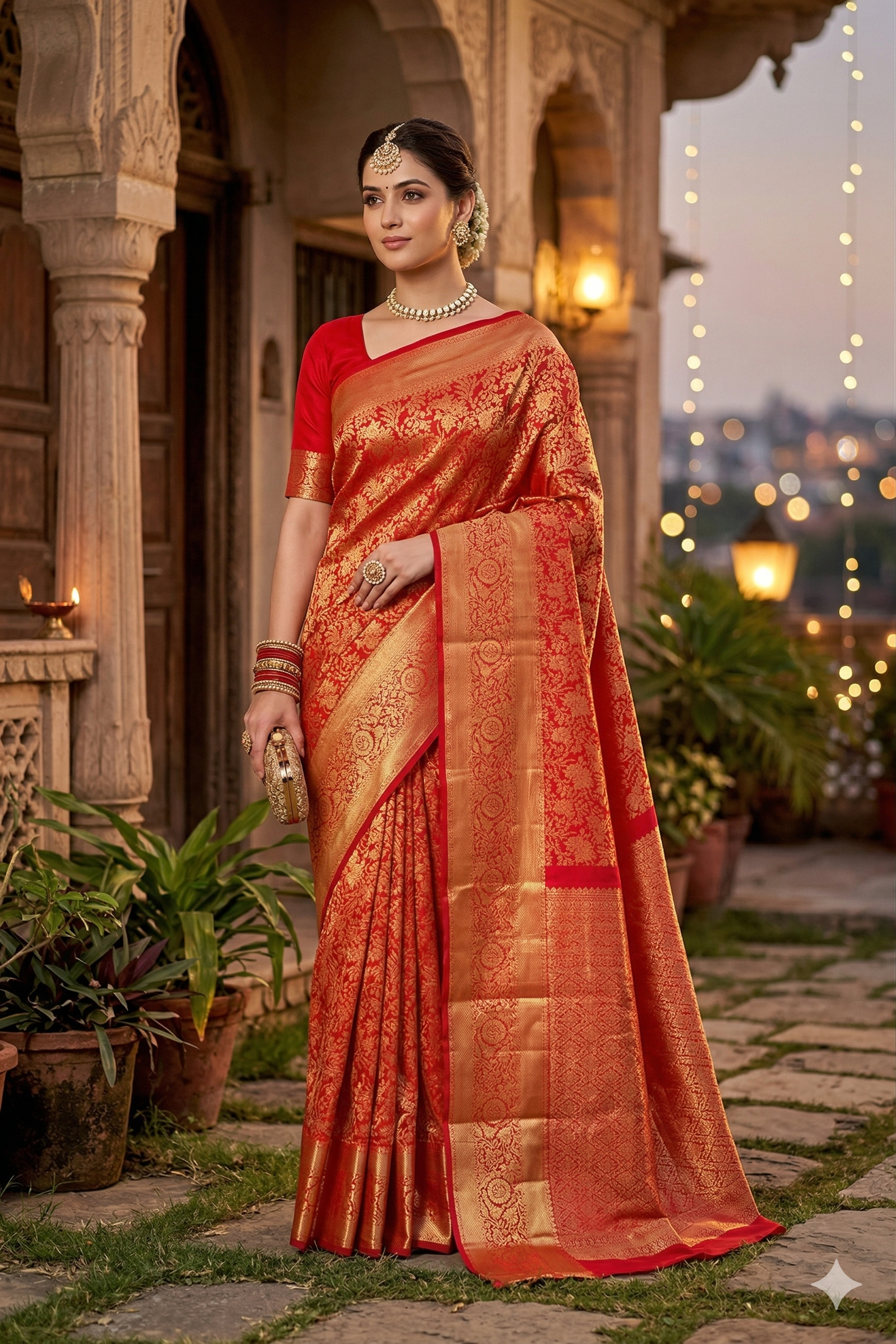 Red Pure Kanjeevaram silk saree from Saarang Sarees with matching unstiched blouse, traditional Indian attire with intricate gold zari work.