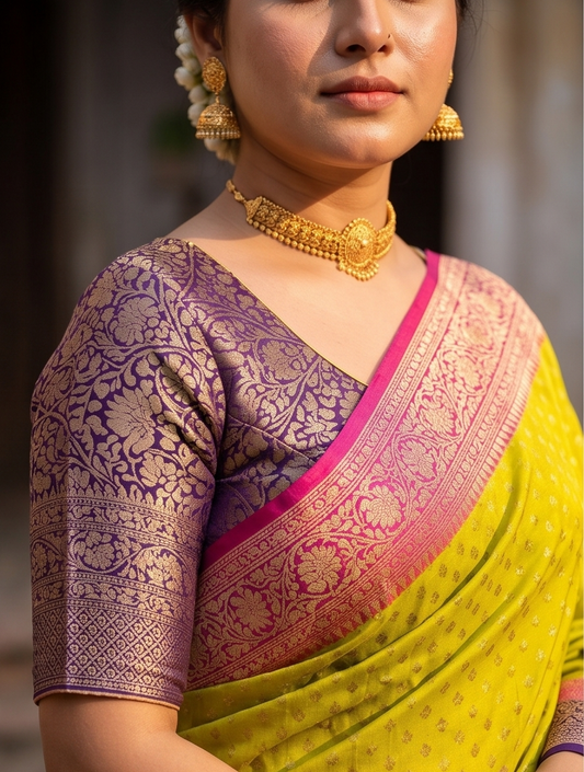 Yellow crepe Khaddi Banarasi silk saree with intricate gold zari work and matching unstiched blouse, traditional Indian wear by Saarang Sarees.