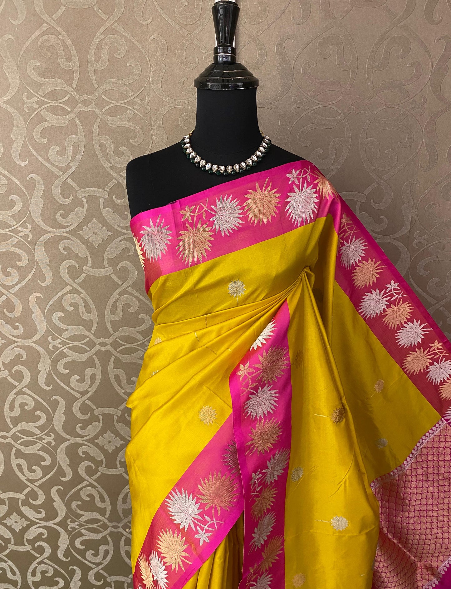 Spring Yellow Katan Banarasi Saree Hand Woven Work, With Unstiched Blouse