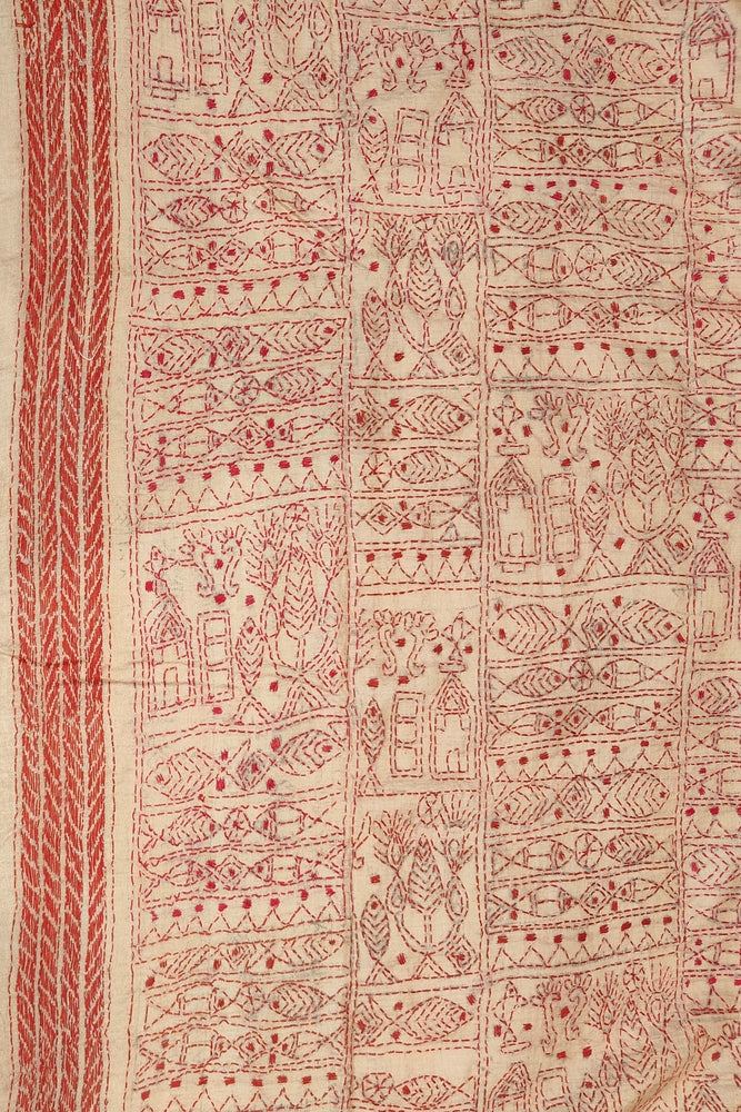 Beige & Red Tussar Embroidery Saree With Kantha Work Border, With Unstitched Blouse