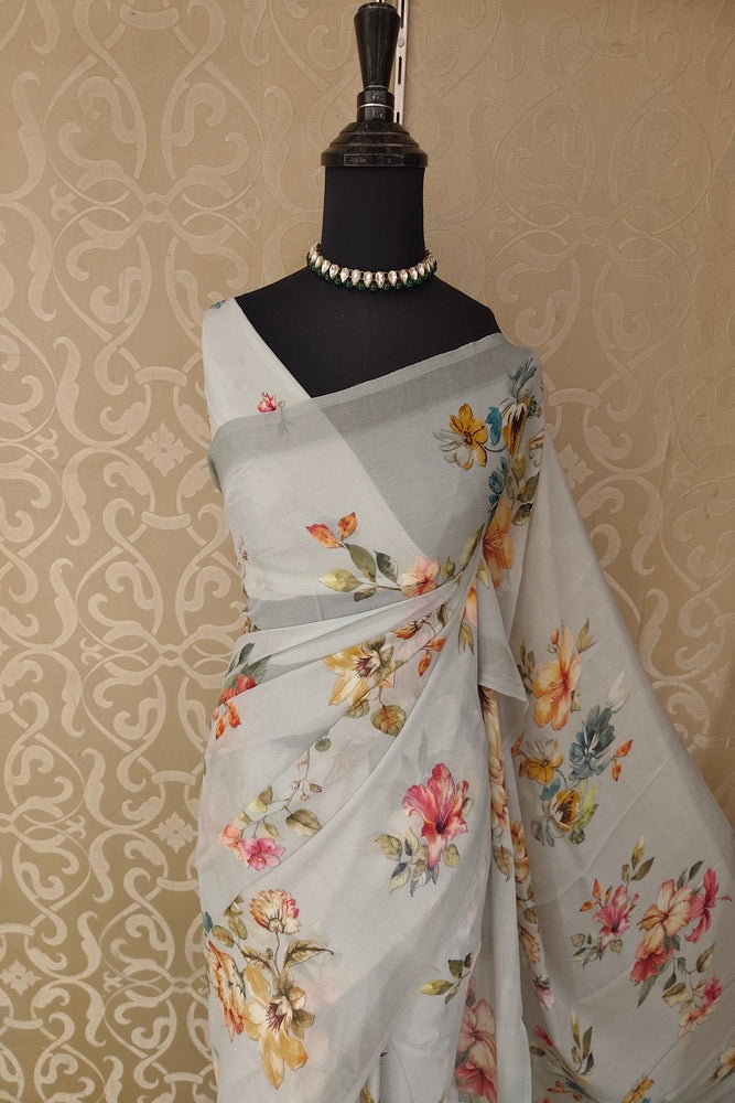 Light Grey Floral Printed Chiffon Saree, With Unstiched Blouse Piece