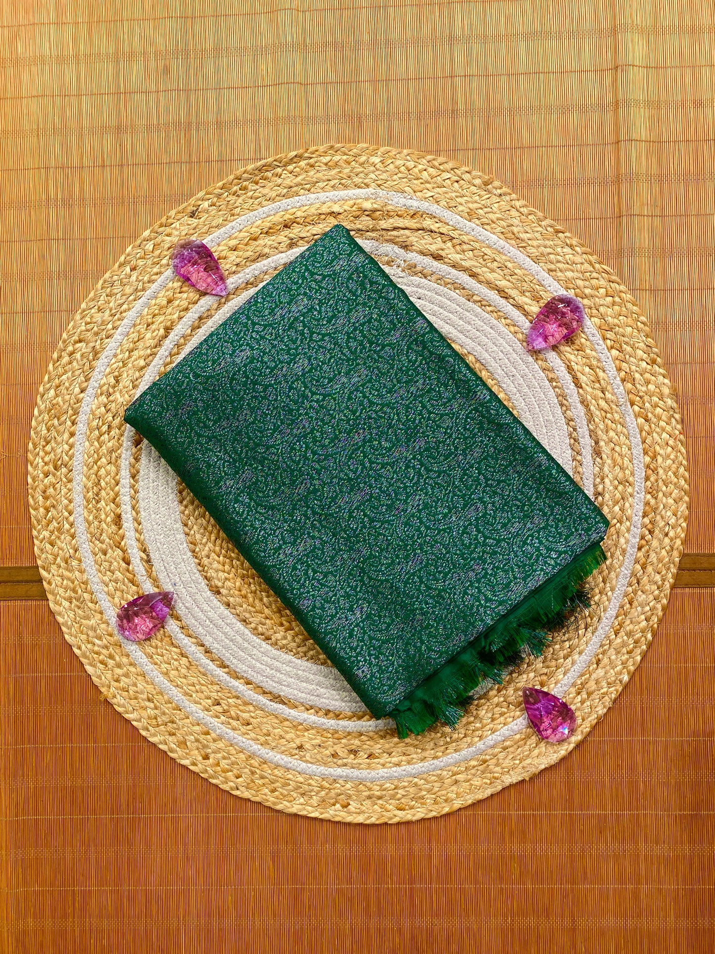 Deep Green Semi Katan Brocade Silk Saree, With Unstiched Blouse