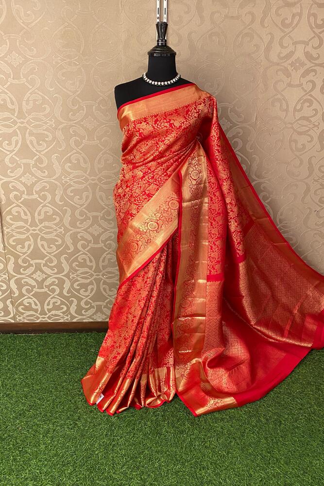 Red pure Kanjeevaram silk saree with intricate gold zari work and matching unstiched blouse, traditional Indian wear from Saarang Sarees