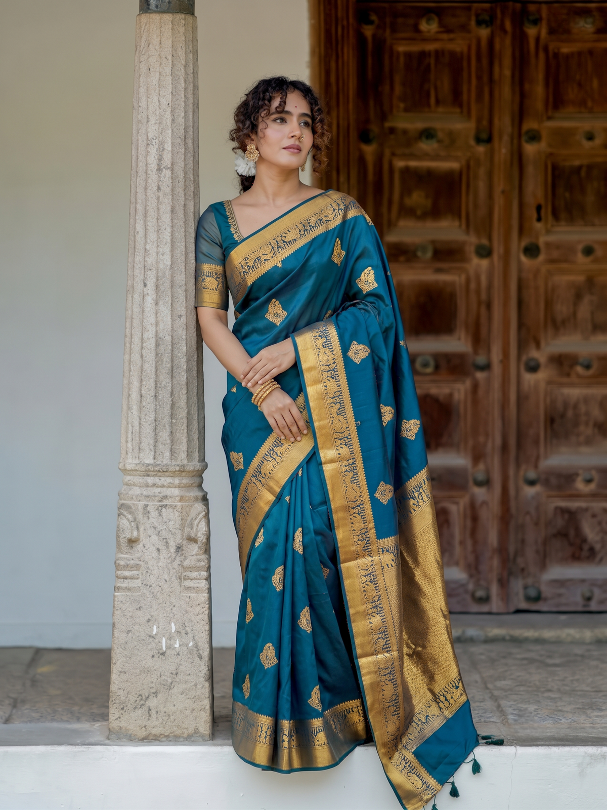 Navy Blue Pure Kanjeevaram Silk Saree, With Unstiched Blouse
