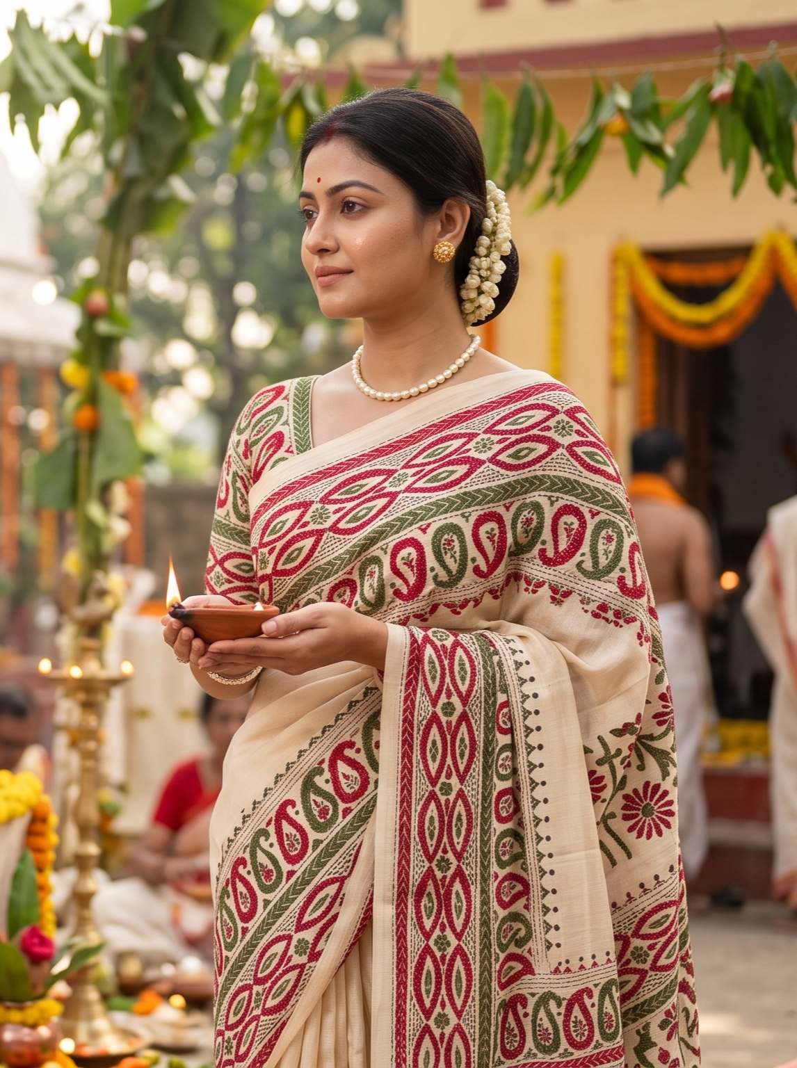 Off-White Tussar Embroidery Saree With Kantha Work Border, With Unstitched Blouse