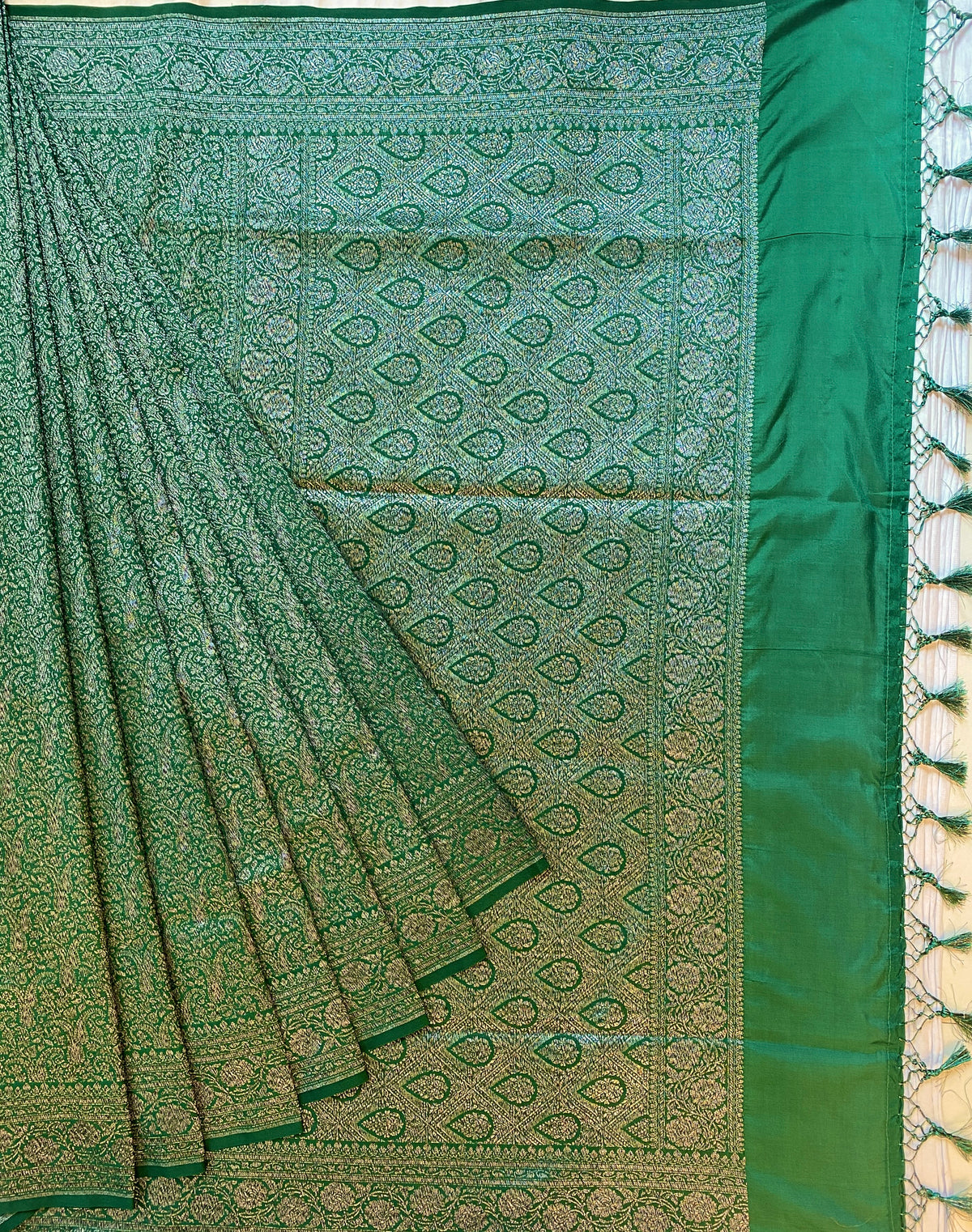 Deep Green Semi Katan Brocade Silk Saree, With Unstiched Blouse