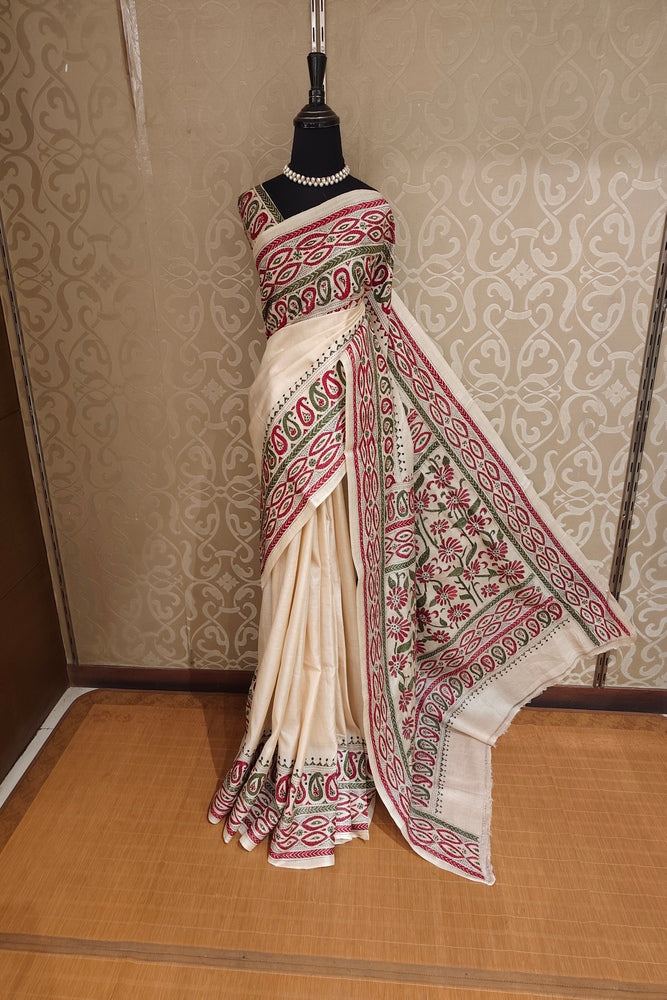 Off-White Tussar Embroidery Saree With Kantha Work Border, With Unstitched Blouse