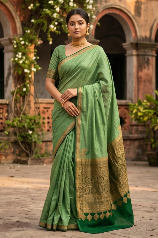 Pista green crepe Khaddi Banarasi silk saree with intricate design and matching unstiched blouse, traditional wear by Saarang Sarees.