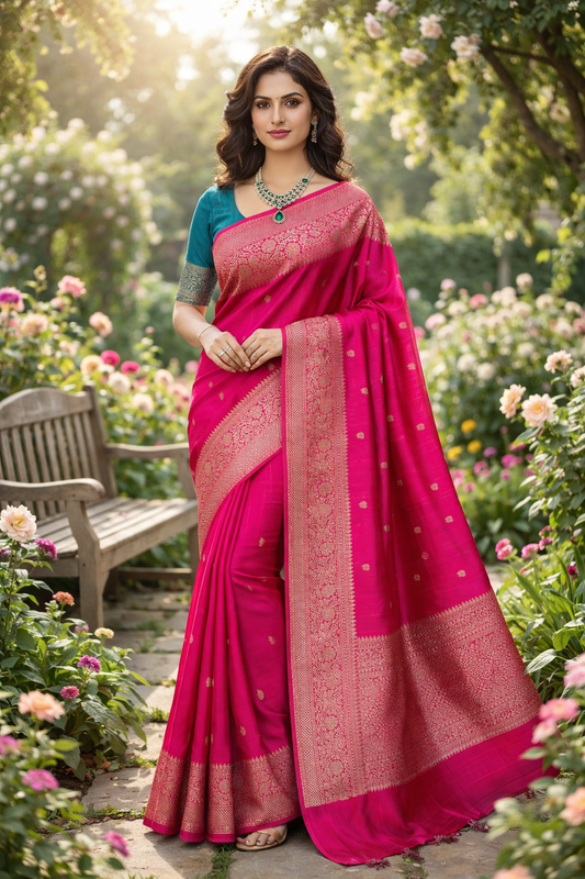 Magenta Pure Raw Tussar Banarasi Silk Saree, Hand Woven Motifs With Unstiched Blouse
