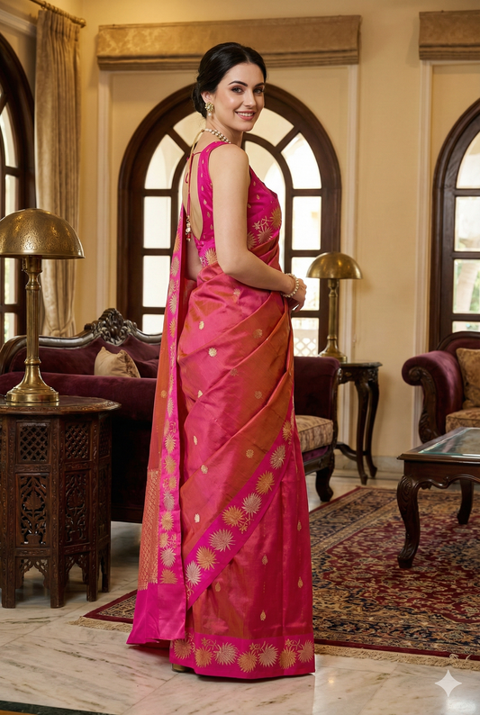 Golden Rani Katan Banarasi Saree Hand Woven Work, With Unstiched Blouse