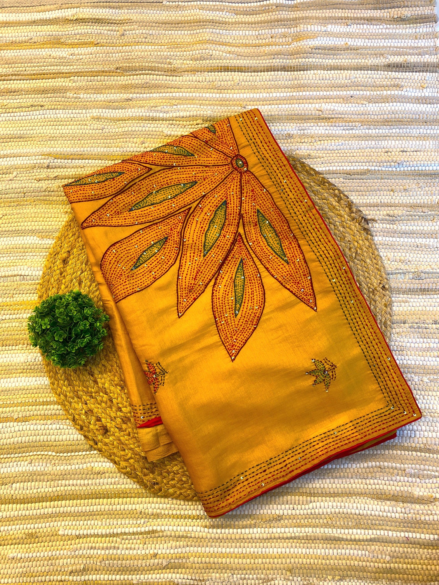 Mustard Yellow Semi Munga Silk French Knot Hand Embroidery Work Saree, With Unstiched Blouse
