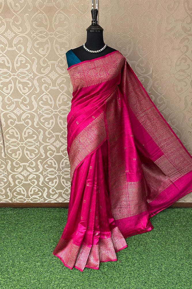 Magenta Pure Raw Tussar Banarasi Silk Saree, Hand Woven Motifs With Unstiched Blouse