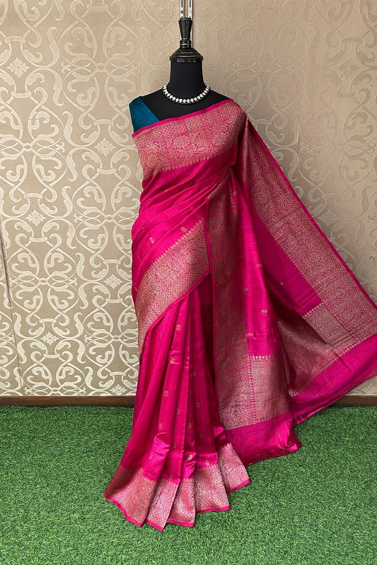 Magenta Pure Raw Tussar Banarasi Silk Saree, Hand Woven Motifs With Unstiched Blouse