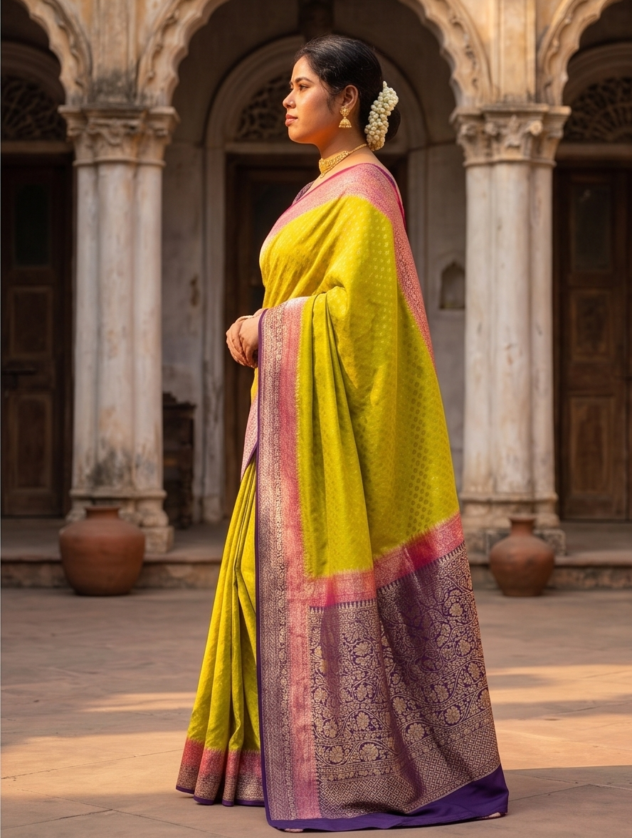 Yellow crepe Khaddi Banarasi silk saree with intricate gold designs, paired with an unstiched blouse for traditional wear.
