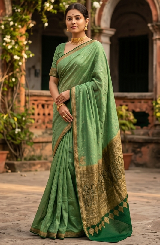 Pista green crepe Khaddi Banarasi silk saree with intricate gold motifs and matching unstiched blouse, traditional wear by Saarang Sarees.