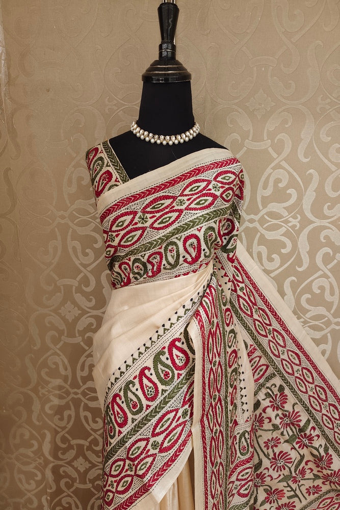 Off-White Tussar Embroidery Saree With Kantha Work Border, With Unstitched Blouse