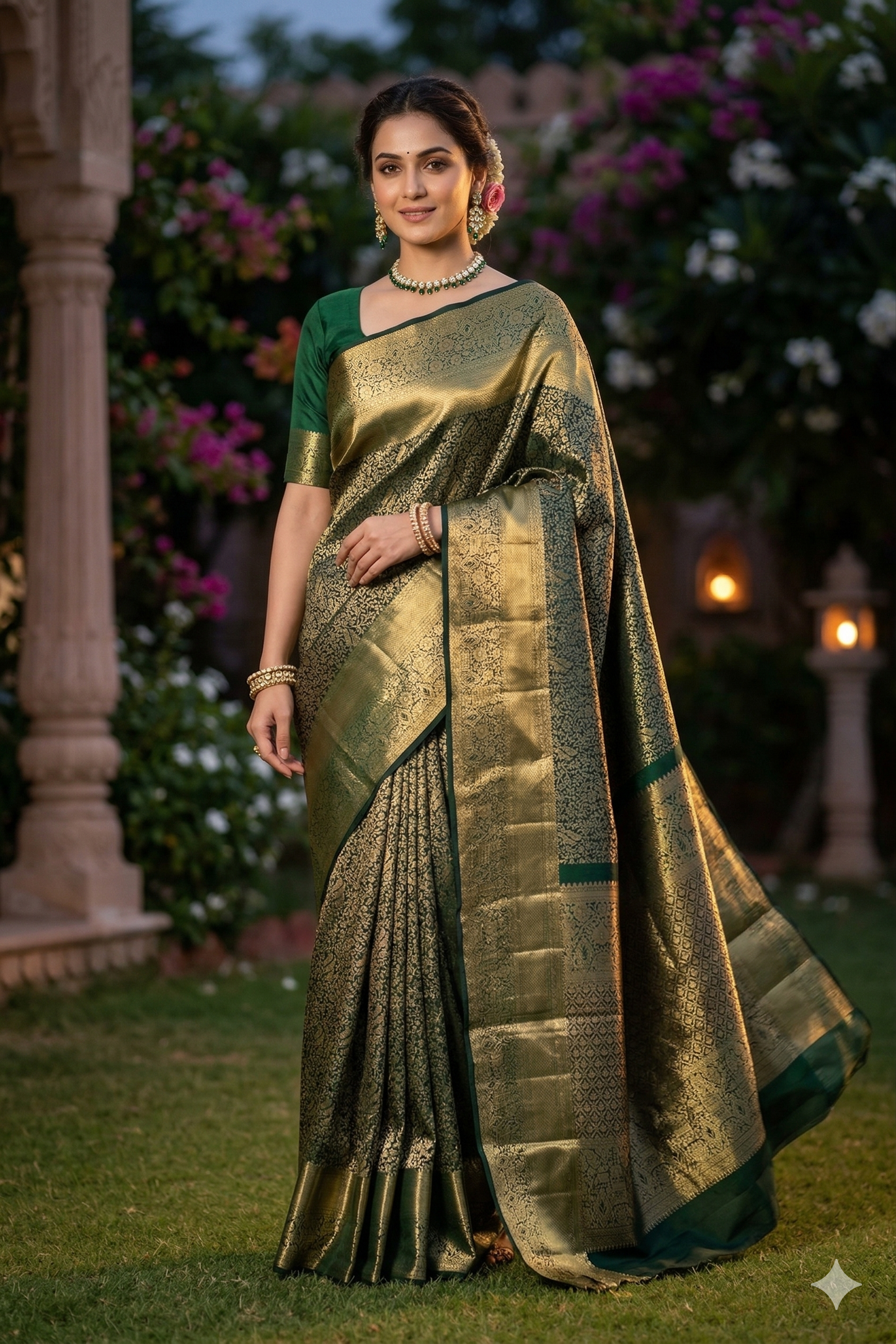 Forest green Pure Kanjeevaram silk saree with intricate gold zari work and matching unstiched blouse, traditional wear from Saarang Sarees.