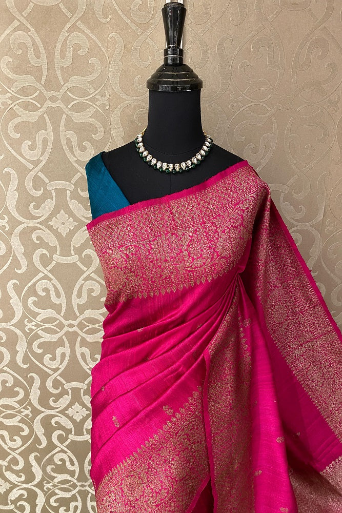 Magenta Pure Raw Tussar Banarasi Silk Saree, Hand Woven Motifs With Unstiched Blouse